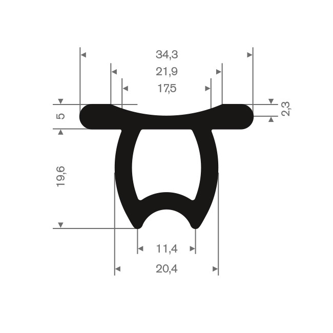 EPDM Vollgummi omega T-profil BxH= 34,3x19,6mm (L=50m)