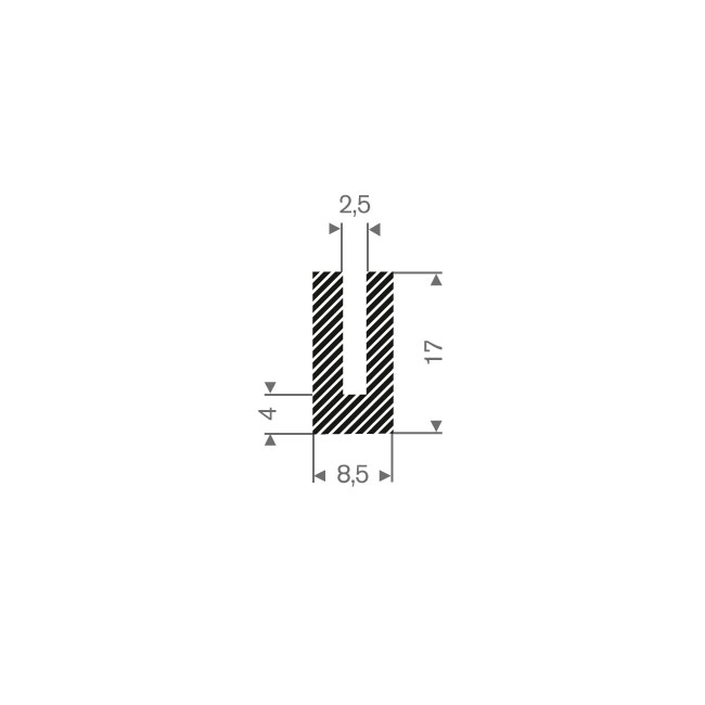 Moosgummi U-Profil 2,5mm/ BxH=8,5x17mm (L=50m)