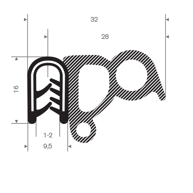 PVC/Moosgummi Klemmprofil 1-2mm / BxH=32x16mm (L=50m)