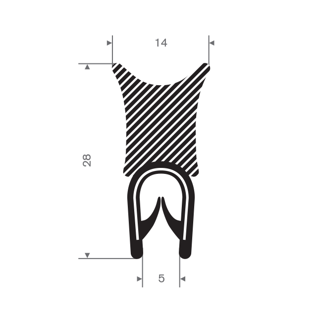 PVC/Moosgummi Klemmprofil 1-4mm / BxH=14x28mm (L=50m)