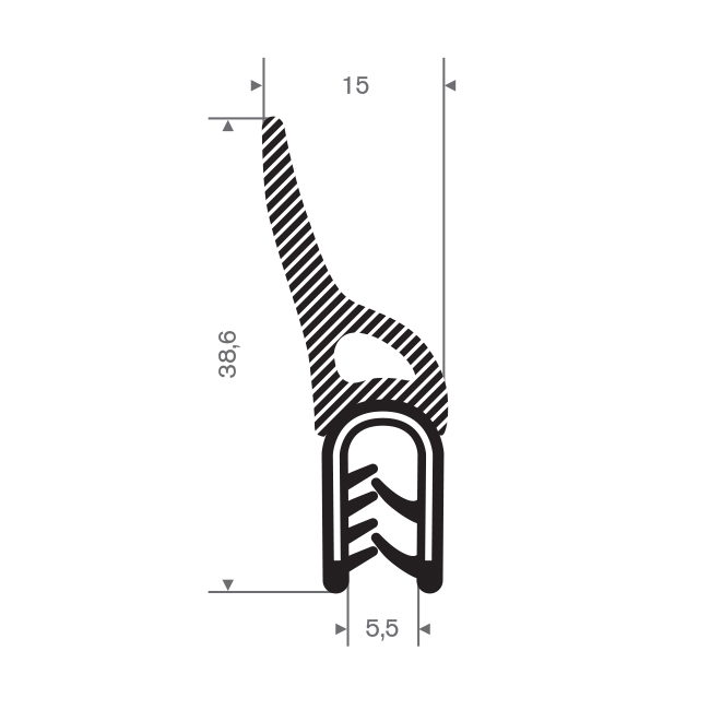 PVC/Moosgummi Klemmprofil 1,5-3,5mm / BxH=15x38,6mm (L=50m)