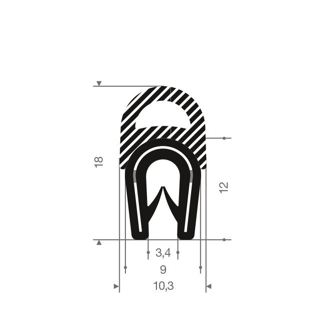 PVC/Moosgummi Klemmprofil 1,5-3mm / BxH=10,3x18mm (L=50m)