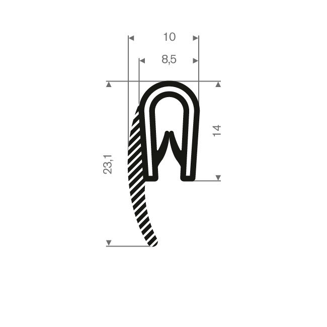 PVC/Moosgummi Klemmprofil 1,5-3mm / BxH=10x23,1mm (L=25m)