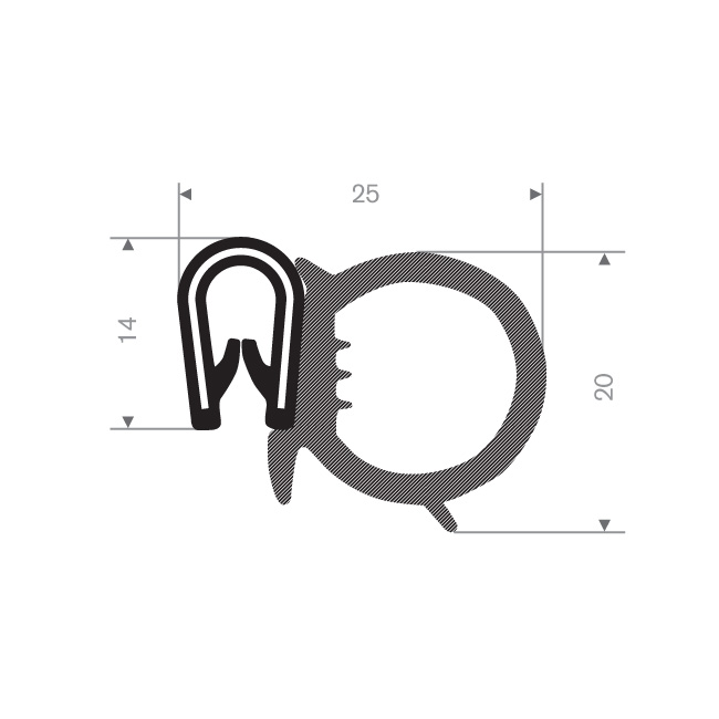 PVC/Moosgummi Klemmprofil 1,5-3mm / BxH=25x20mm (L=35m)