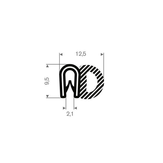 PVC/Moosgummi Klemmprofil mit Wulst 1-2mm / BxH=12,5x9,5mm (L=50m)