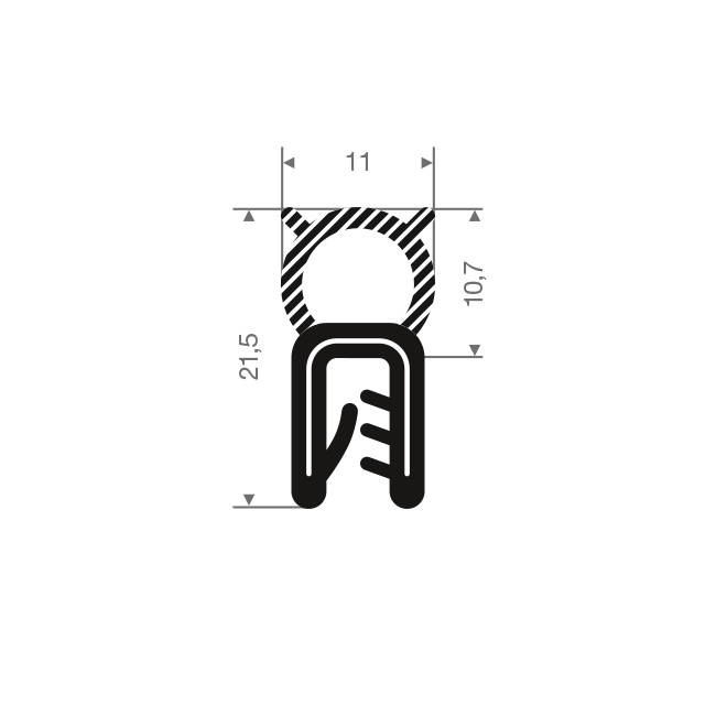 PVC/Moosgummi Nitril Klemmprofil 1-4mm / BxH=11x21,5mm (L=50m)