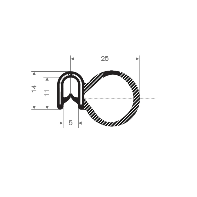 PVC / Moosgummiklemmprofil mit Wulst 5mm / BxH=5x14mm (L=25m)