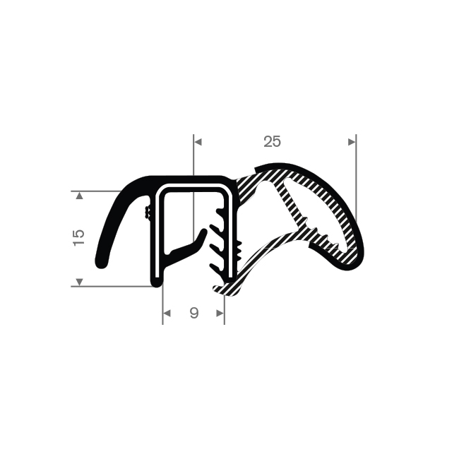 PVC / Moosgummiklemmprofil mit Wulst 9mm / BxH = 25x14mm (L=25m)