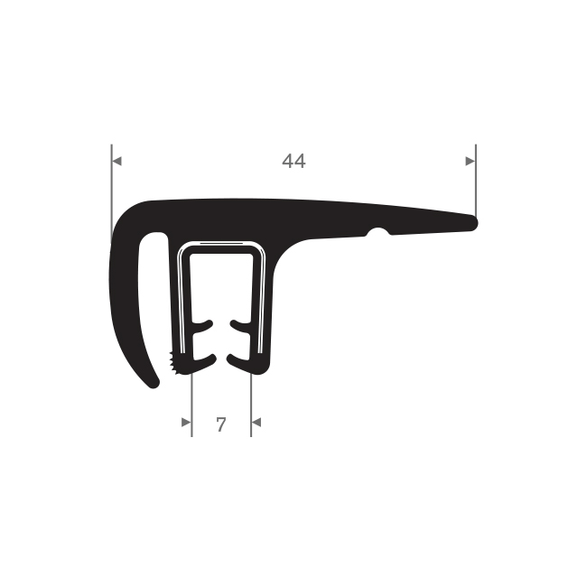 PVC/Vollgummi Klemmprofil mit Wulst 7mm / B=44mm (L=25m)