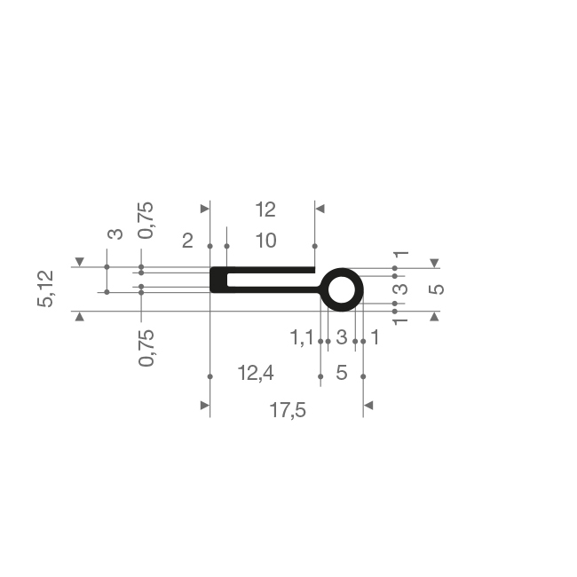 Silikon U-Profil mit Wulst BxH=17x5mm schwarz (L=100m)