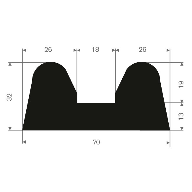 Vollgummi Fenderprofil BxH= 70x32mm (L=15m)