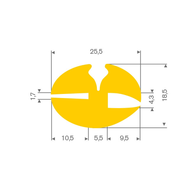 Vollgummi Klemmprofil gelb BxH= 25,5x18,5mm (L=5m)