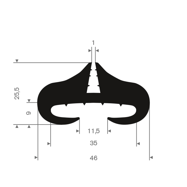 Vollgummi Profil 35mm / BxH= 46x25,5mm (L=25m)