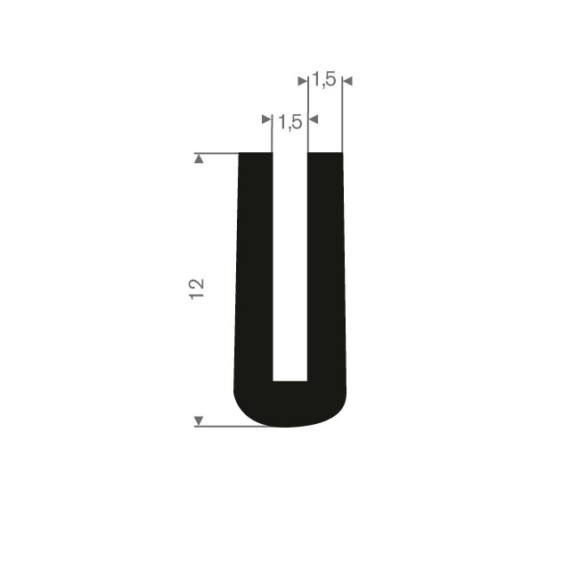 Vollgummi U-Profil 1,5mm / BxH=4,5x12mm (L=100m)