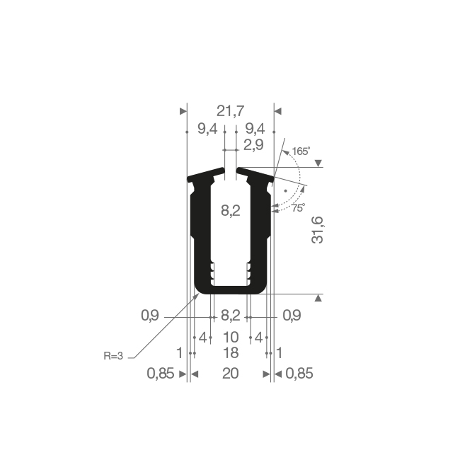 Vollgummi U-Profil 10mm / BxH=20x31,6mm (L=50m)