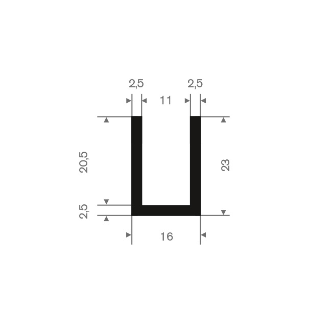 Vollgummi U-Profil 11mm / BxH= 23x16mm (L=50m)