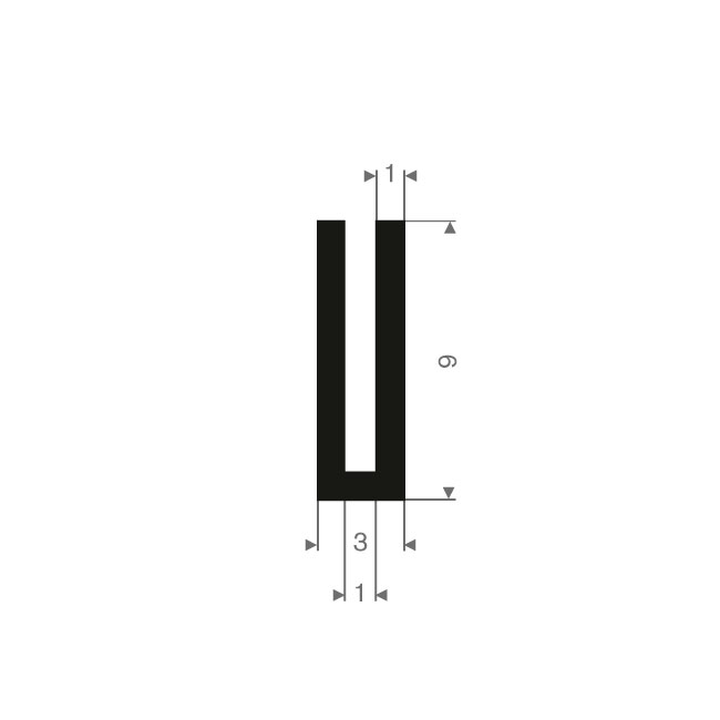 Vollgummi U-Profil 1mm / BxH=3x9mm (L=200)