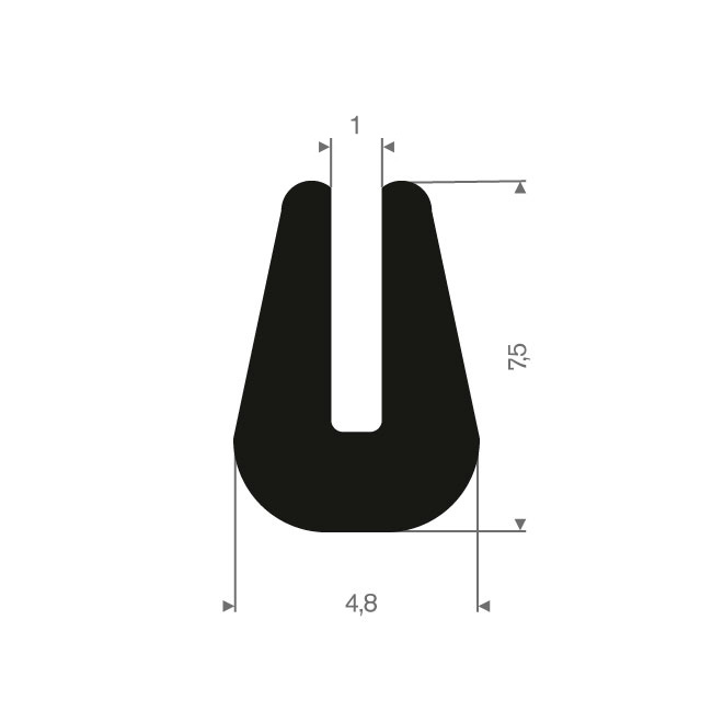 Vollgummi U-Profil 1mm / BxH=4,8x7,5mm (L=200m)