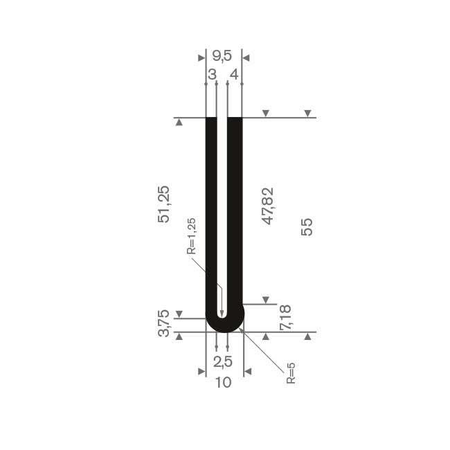 Vollgummi U-Profil 2,5mm / BxH=10x55mm (L=25m)