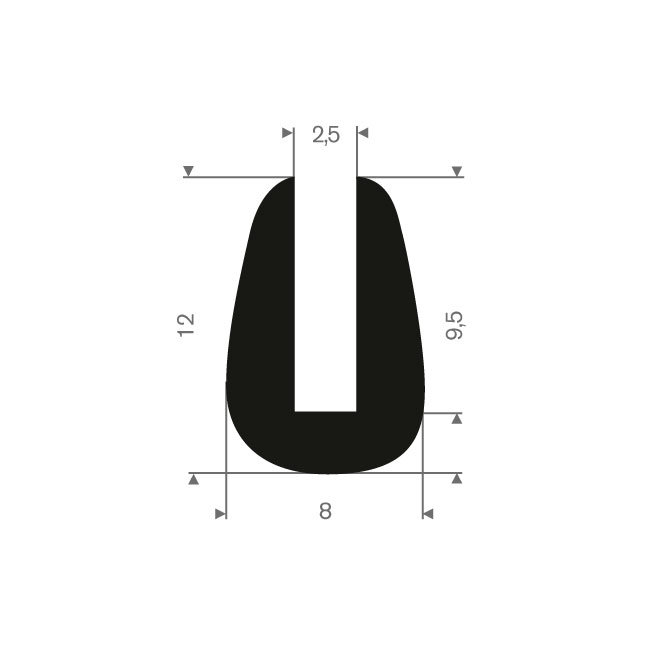 Vollgummi U-Profil 2,5mm /BxH= 8x12mm (L=100m)