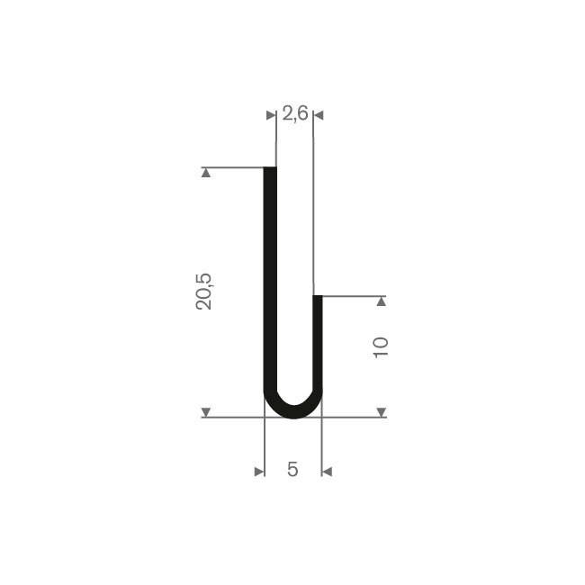 Vollgummi U-Profil 2,6mm / BxH=5x20,5mm (L=50m)