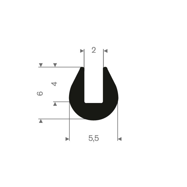 Vollgummi U-Profil 2mm / BxH=5,5x6mm (L=200m)