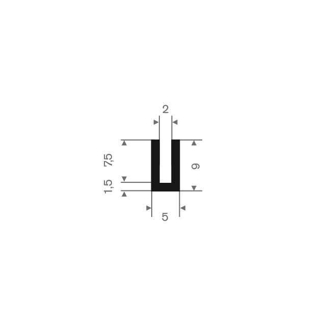 Vollgummi U-Profil 2mm / BxH=5x9mm (L=200m)