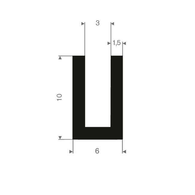 Vollgummi U-Profil 3mm / BxH=6x10mm (L=100m)