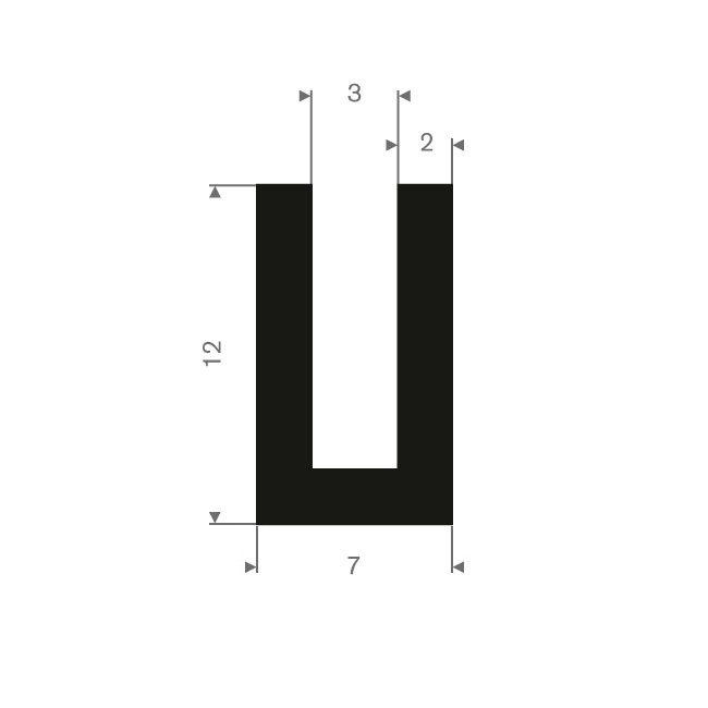 Vollgummi U-Profil 3mm / BxH=7x12mm (L=50m)
