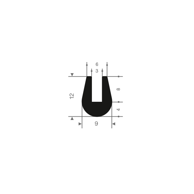 Vollgummi U-Profil 3mm /BxH=9x12mm (L=50m)