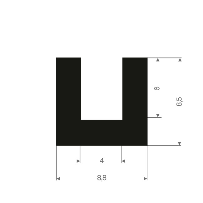 Vollgummi U-Profil 4mm / BxH=8,8x8,5mm (L=100m)