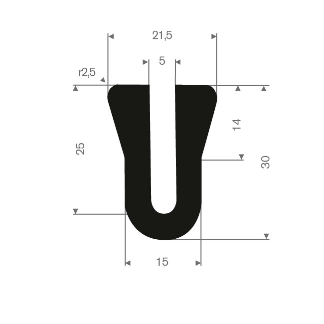 Vollgummi U-Profil 5mm / BxH=21,5x30mm (L=50m)