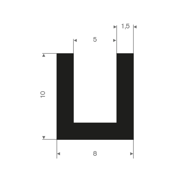 Vollgummi U-Profil 5mm / BxH=8x10mm (L=100m)