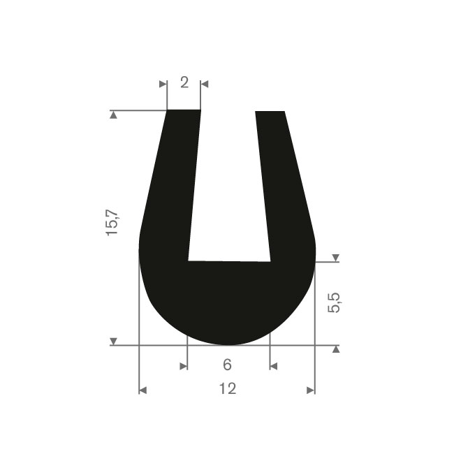 Vollgummi U-Profil 6mm / BxH= 12x15,7mm (L=50m)