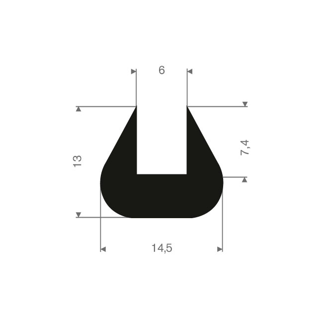 Vollgummi U-Profil 6mm / BxH= 14,5x13mm (L=50m)