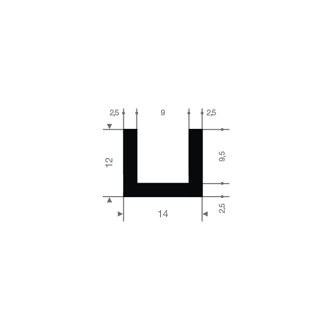Vollgummi U-profil 9mm /BxH=14x12mm (L=50m)