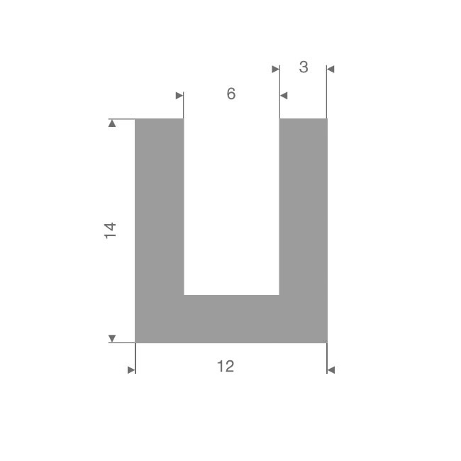 Vollgummi U-Profil grau 6mm / BxH= 12x14mm (L=25m)